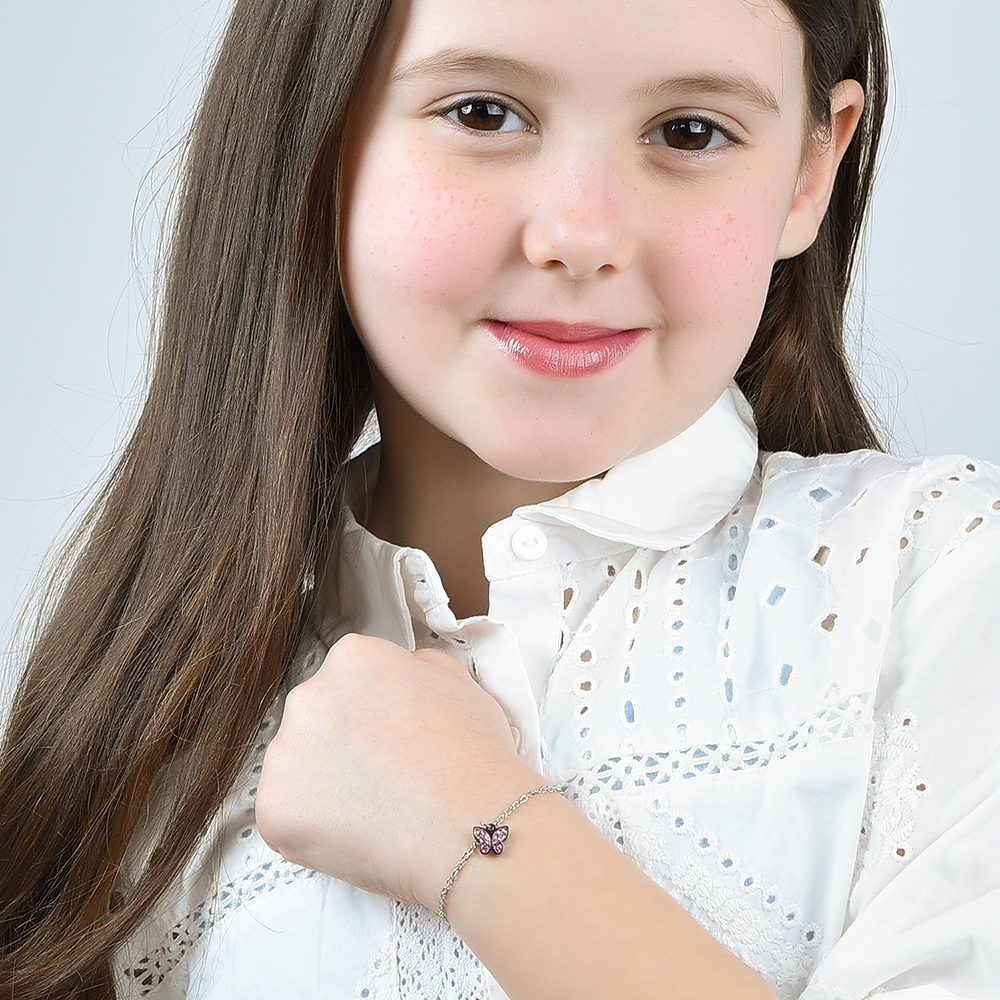 BRACELET FILLE EN ACIER AVEC PAPILLON ET CRISTAUX ROSES