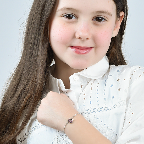 BRACELET FILLE EN ACIER AVEC PAPILLON ET CRISTAUX ROSES