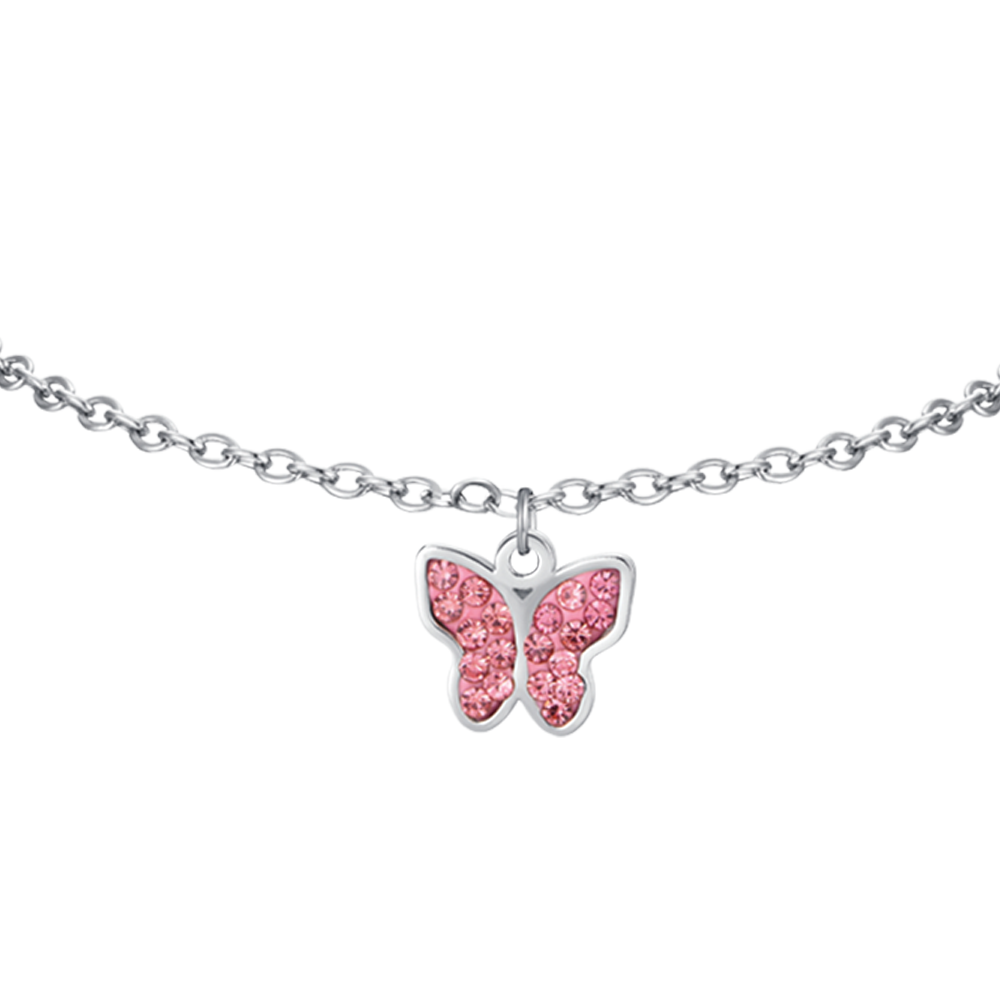 BRACELET FILLE EN ACIER AVEC PAPILLON ET CRISTAUX ROSES