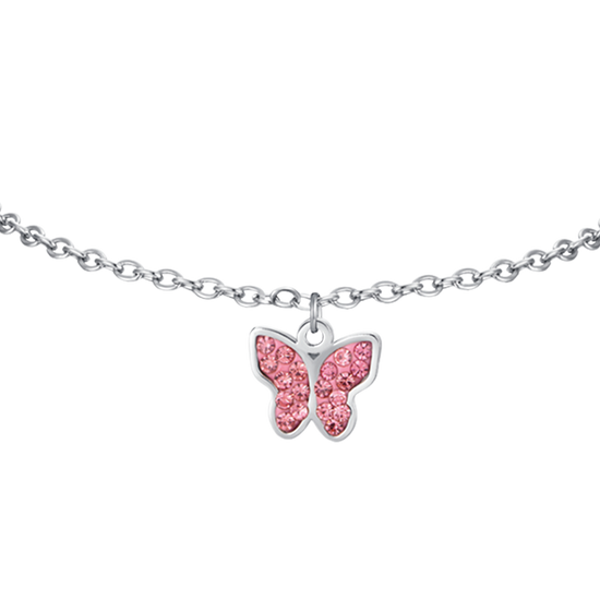 BRACELET FILLE EN ACIER AVEC PAPILLON ET CRISTAUX ROSES