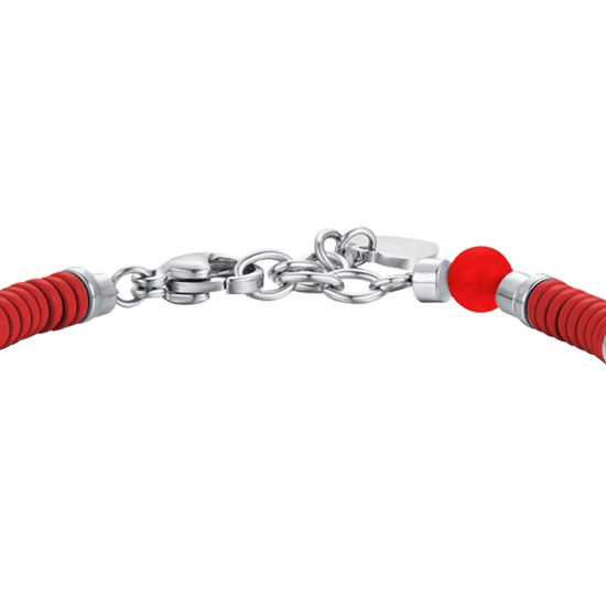 BRACELET BÉBÉ EN ACIER AVEC PIERRES ROUGES ET ÉLÉMENTS EN ÉMAIL ROUGE