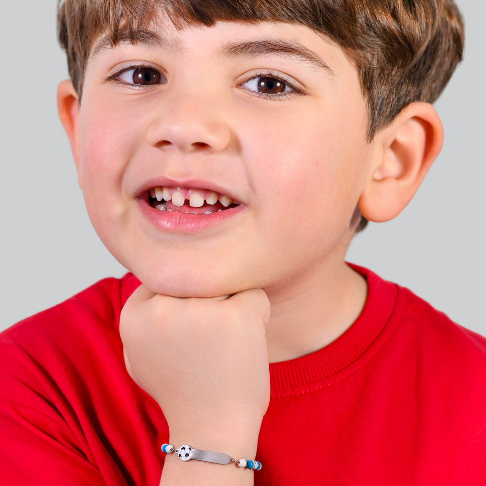 BRACELET BÉBÉ EN ACIER AVEC PIERRES BLEUES ET BLANCHES