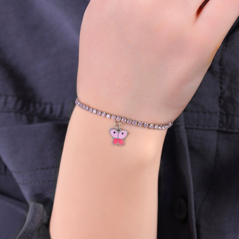 BRACELET DE TENNIS EN ACIER POUR FILLE AVEC CRISTAUX ROSES ET PAPILLON
