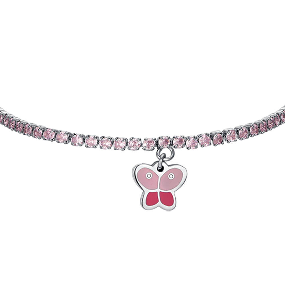 BRACELET DE TENNIS EN ACIER POUR FILLE AVEC CRISTAUX ROSES ET PAPILLON