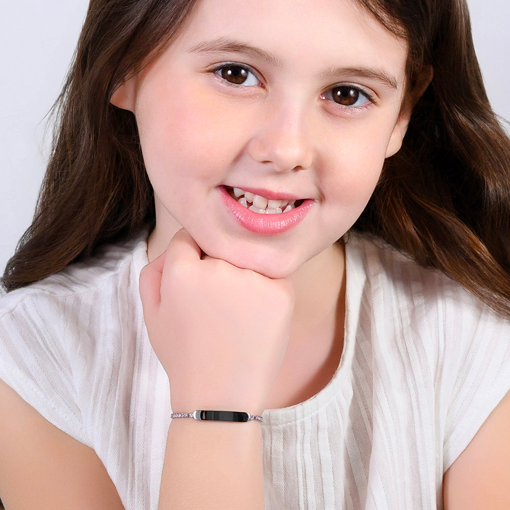 BRACELET DE TENNIS EN ACIER POUR FILLE AVEC CRISTAUX ROSES ET PLAQUE