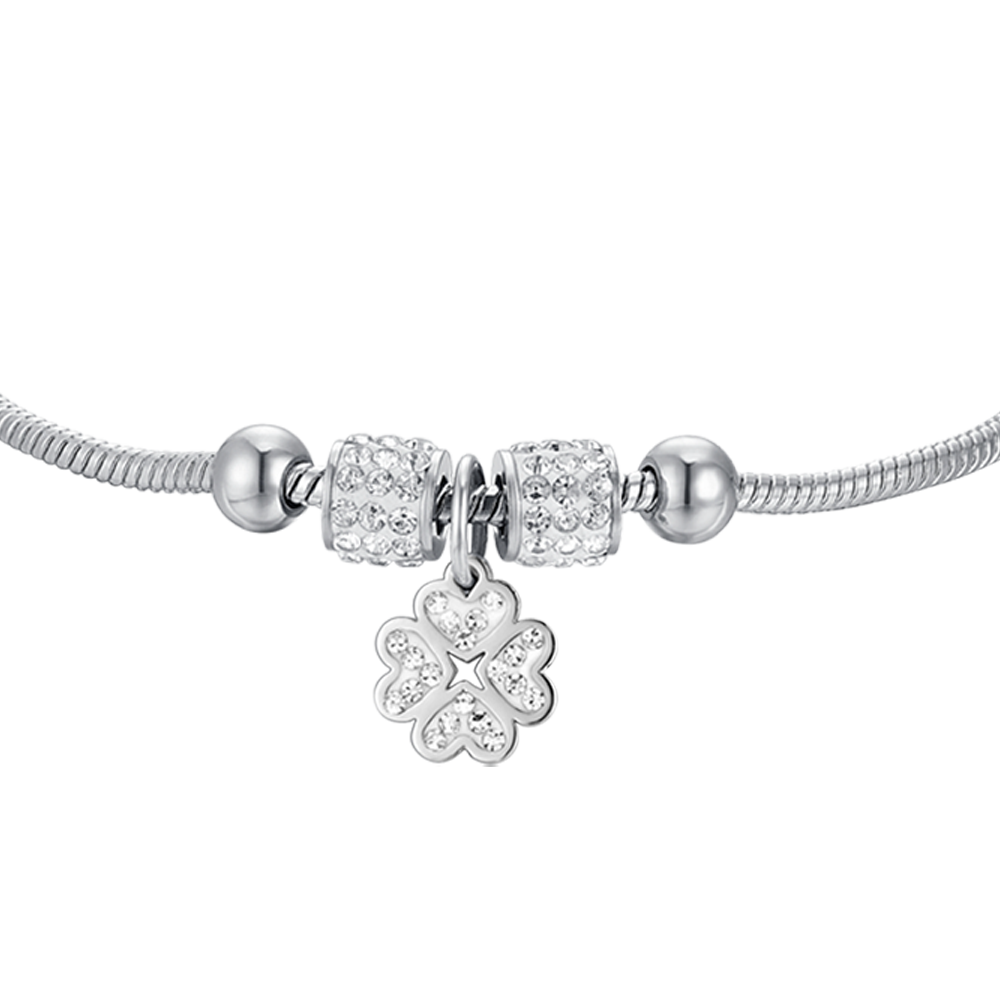 BRACELET FILLE EN ACIER AVEC TRÈFLE À QUATRE FEUILLES AVEC CRISTAUX BLANCS