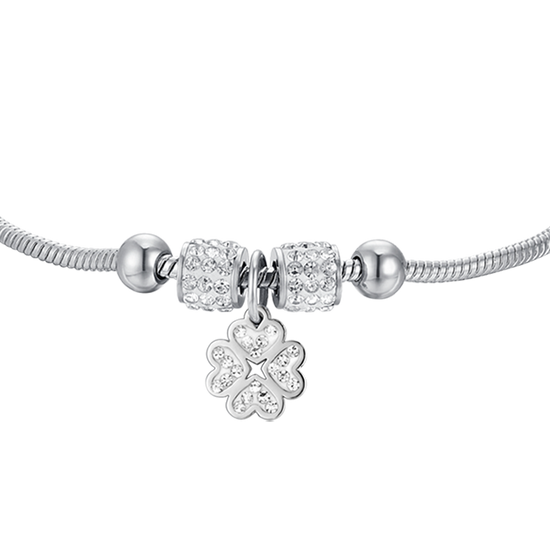 BRACELET FILLE EN ACIER AVEC TRÈFLE À QUATRE FEUILLES AVEC CRISTAUX BLANCS