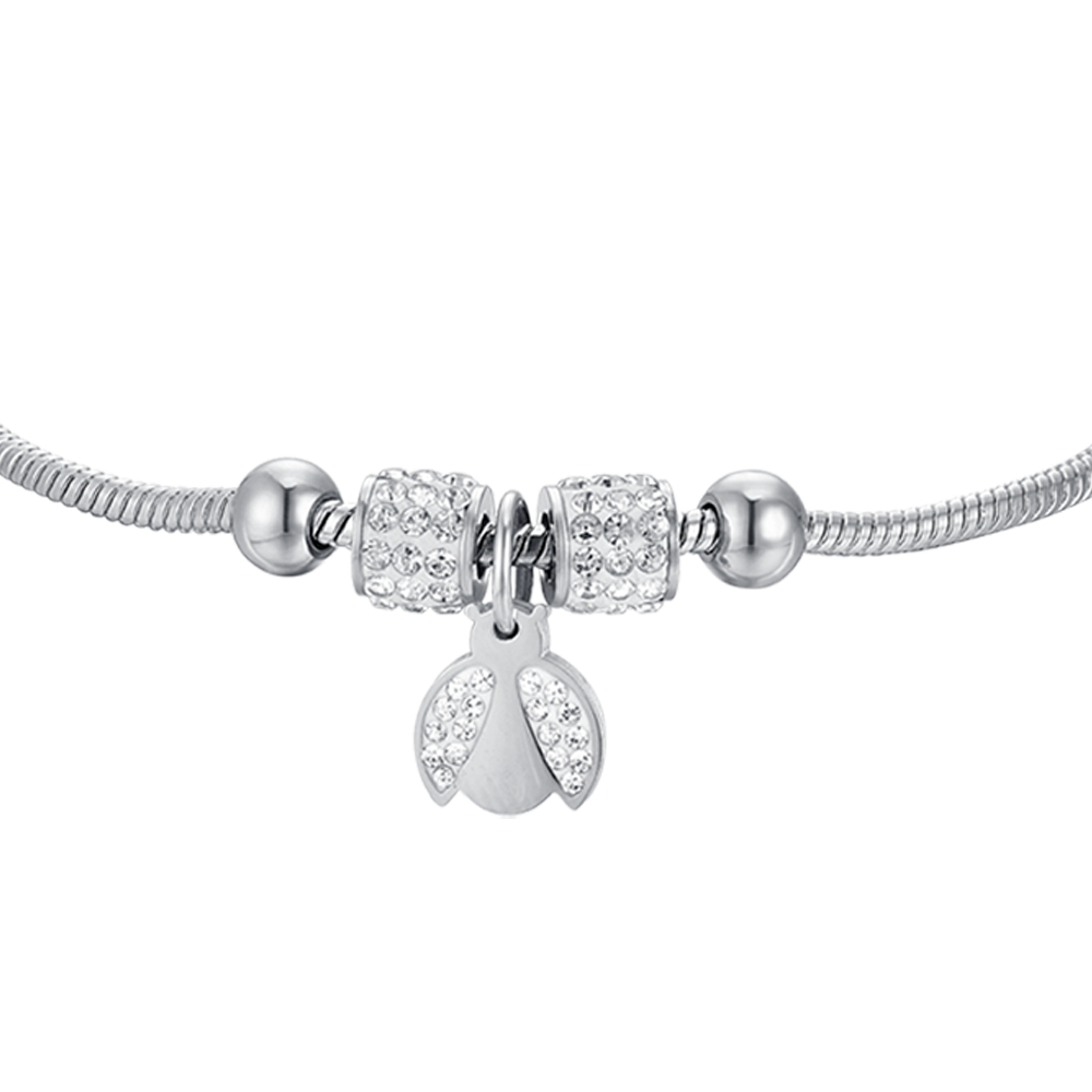 BRACELET FILLE EN ACIER AVEC COCCINELLE ET CRISTAUX BLANCS