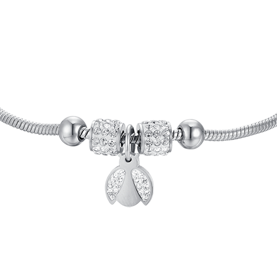 BRACELET FILLE EN ACIER AVEC COCCINELLE ET CRISTAUX BLANCS