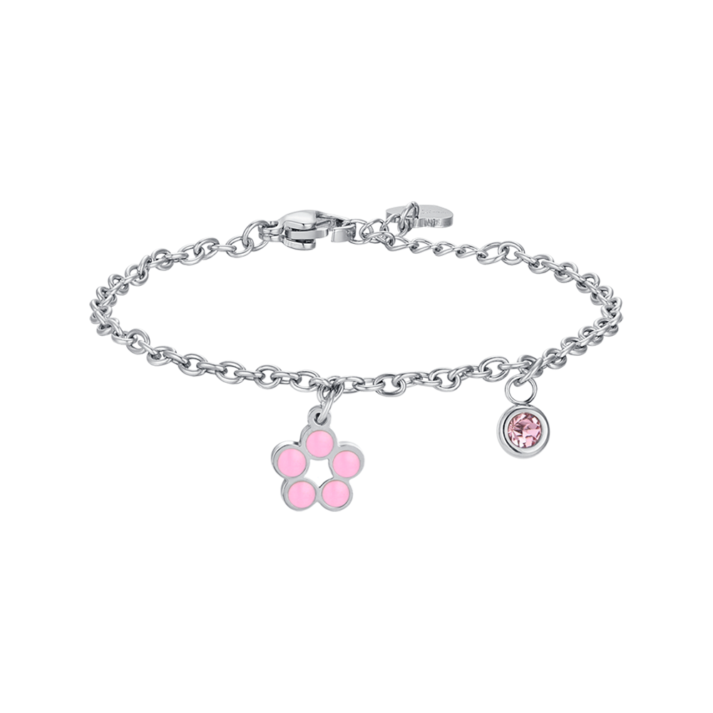 BRACCIALE BAMBINA IN ACCIAIO CON FIORE CON SMALTO ROSA E BIANCO E CRISTALLO Luca Barra