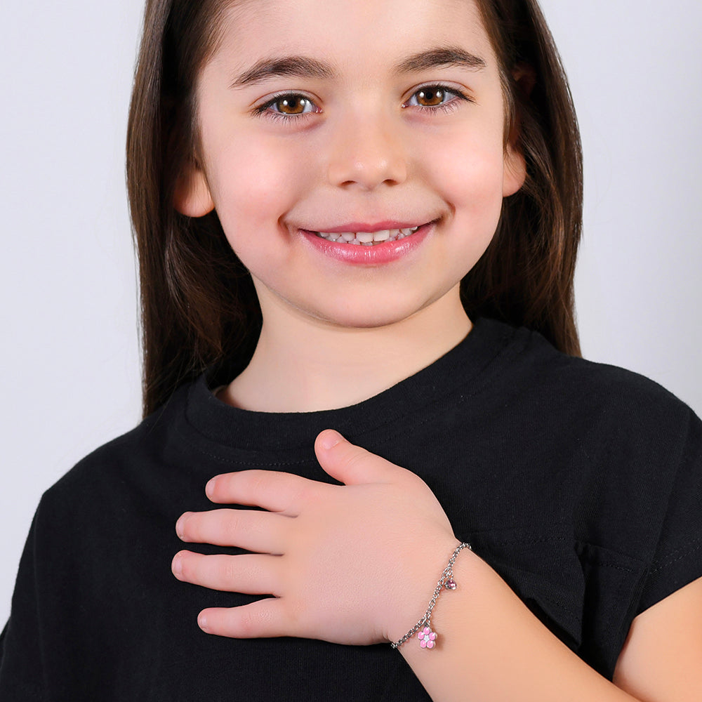 BRACELET FLEUR EN ACIER AVEC ÉMAIL ROSE ET BLANC ET CRISTAL