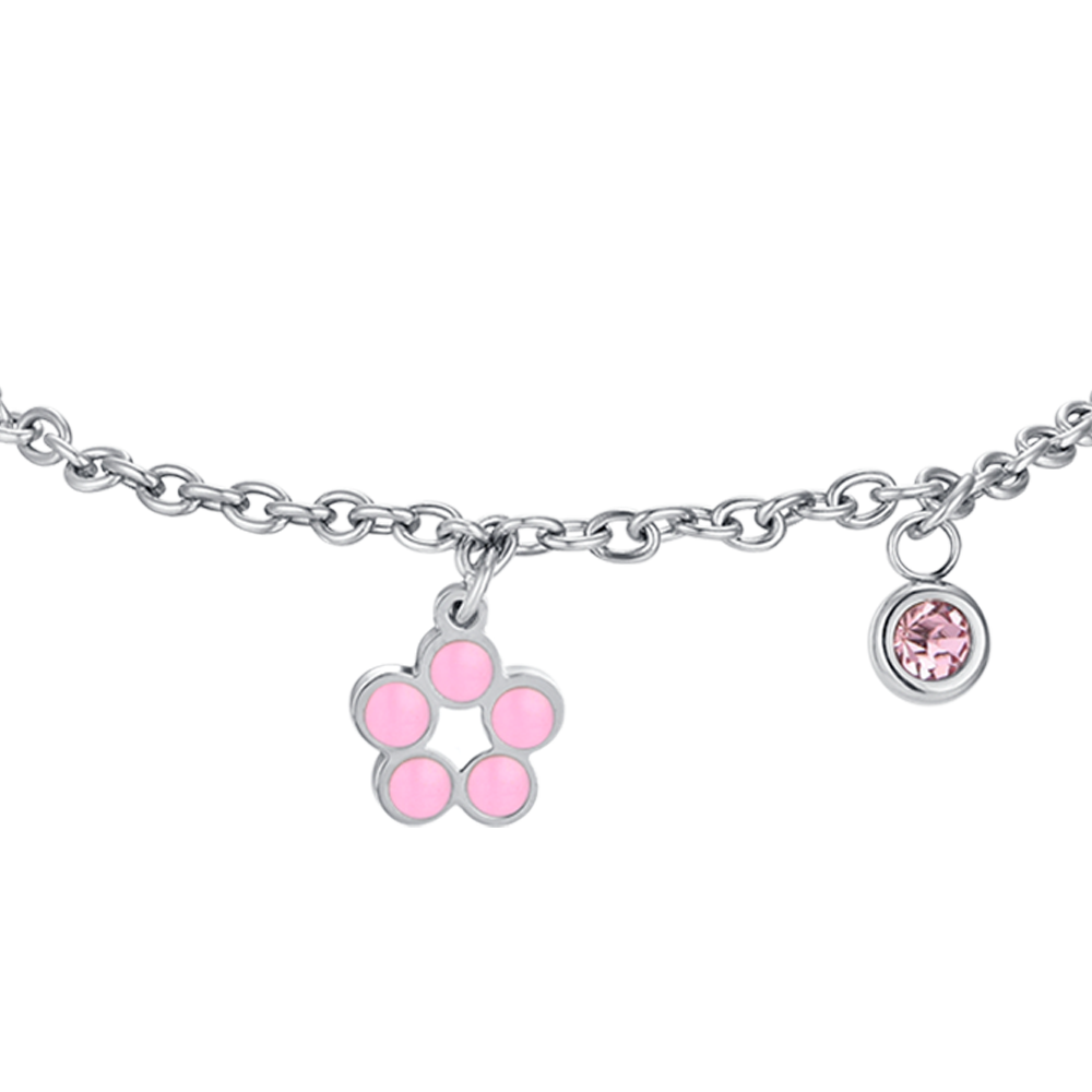 BRACCIALE BAMBINA IN ACCIAIO CON FIORE CON SMALTO ROSA E BIANCO E CRISTALLO Luca Barra