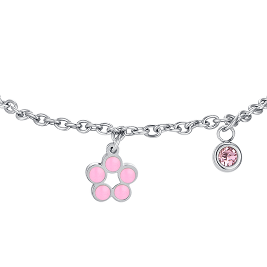BRACELET FLEUR EN ACIER AVEC ÉMAIL ROSE ET BLANC ET CRISTAL