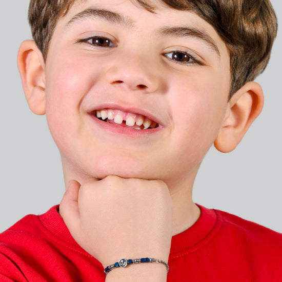 BRACELET BÉBÉ EN ACIER AVEC HÉMATITE BLEUE ET ANCRE