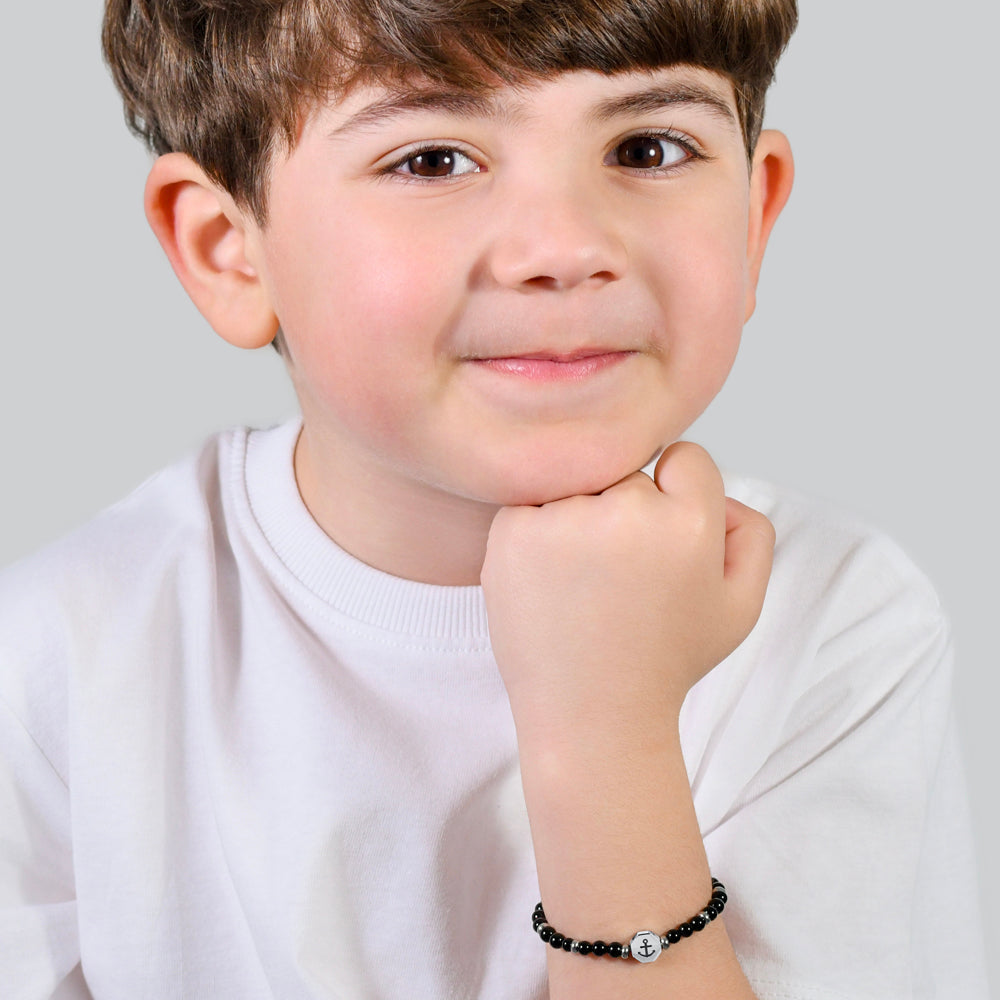 BRACELET BÉBÉ ANCRE EN ACIER AVEC PIERRES NOIRES