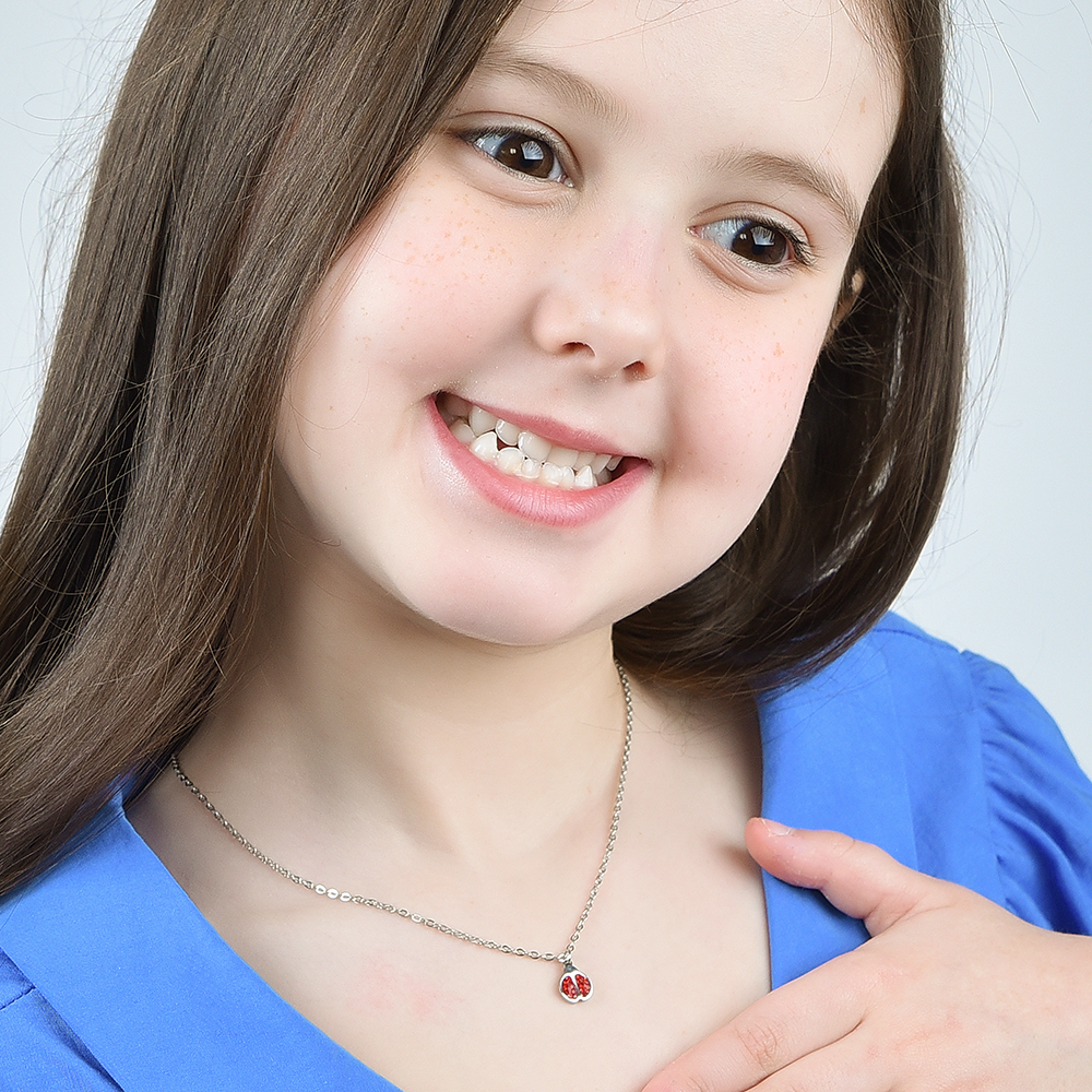 COLLIER EN ACIER POUR FILLE AVEC COCCINELLE ET CRISTAUX ROUGES