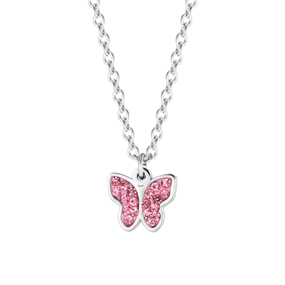 COLLIER EN ACIER POUR FILLE AVEC PAPILLON ET CRISTAUX ROSES