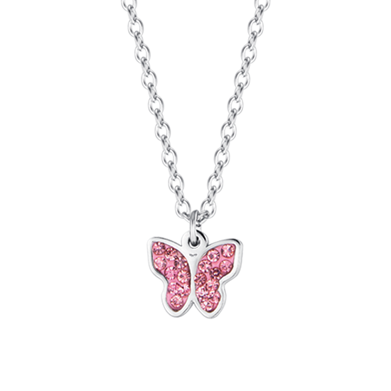 COLLIER EN ACIER POUR FILLE AVEC PAPILLON ET CRISTAUX ROSES