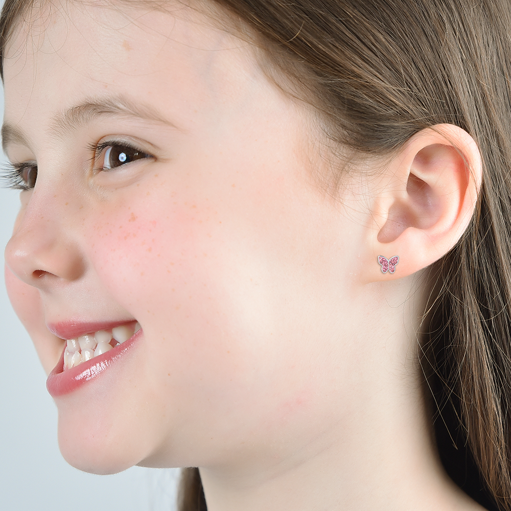 BOUCLES D'OREILLES FILLE EN ACIER AVEC PAPILLON ET CRISTAUX ROSES