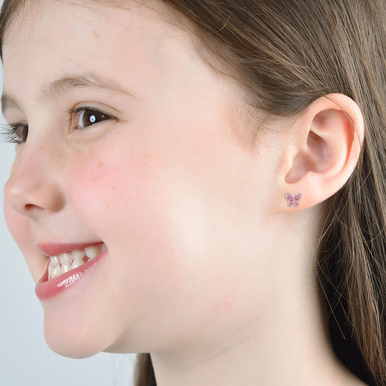 BOUCLES D'OREILLES FILLE EN ACIER AVEC PAPILLON ET CRISTAUX ROSES
