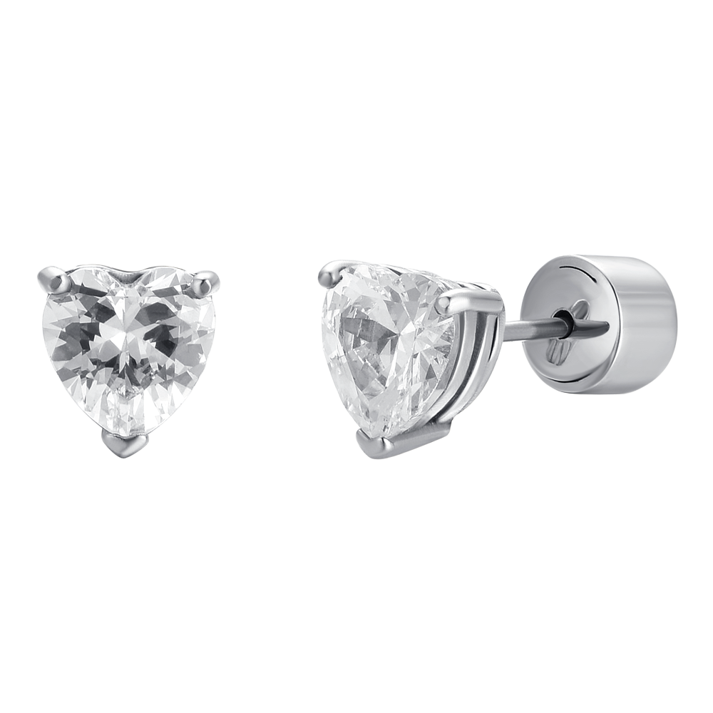 BOUCLES D'OREILLES EN ACIER POUR FEMMES AVEC DES CRISTAUX BLANCS EN FORME DE CŒUR