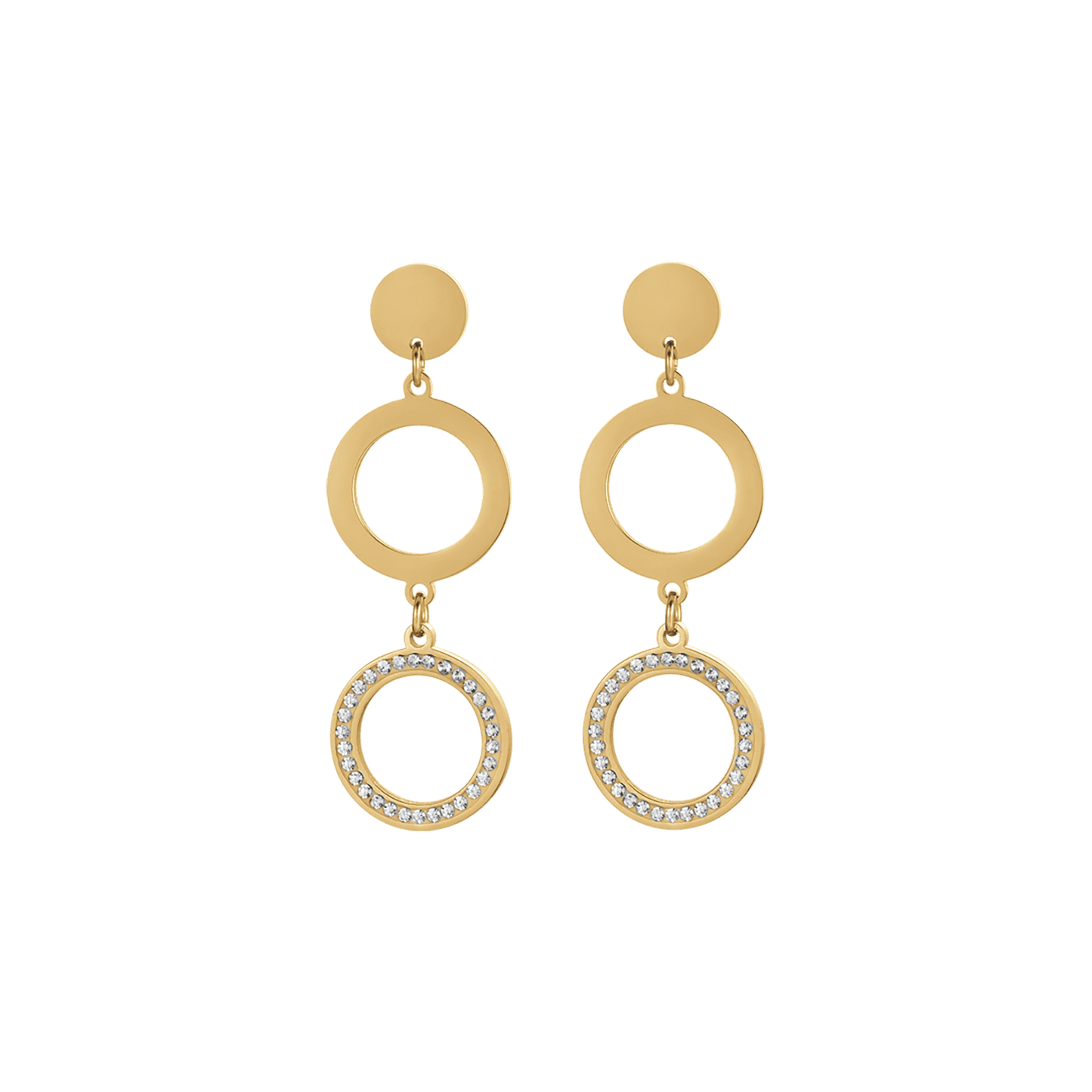 BOUCLES D'OREILLES FEMMES EN ACIER DORÉ AVEC PENDENTIF EN CRISTAUX BLANCS