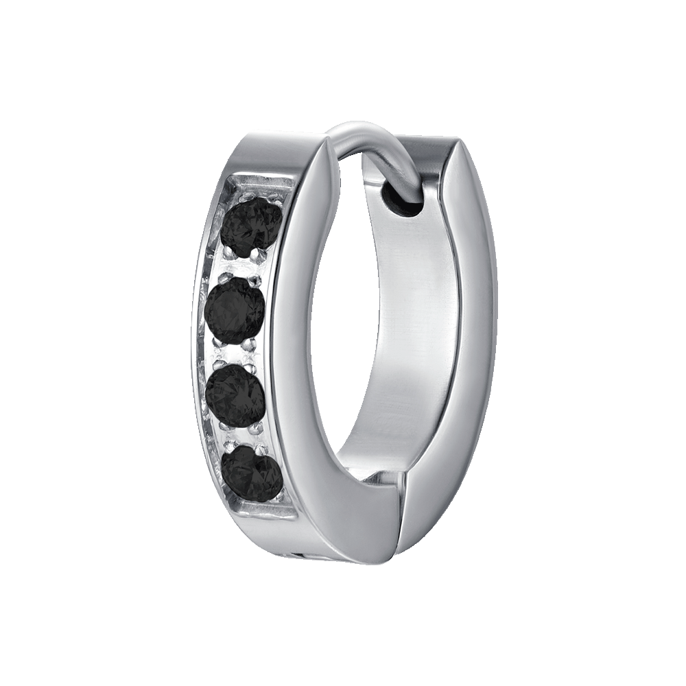 BOUCLE D'OREILLE HOMME MONO ACIER AVEC CRISTAUX NOIRS