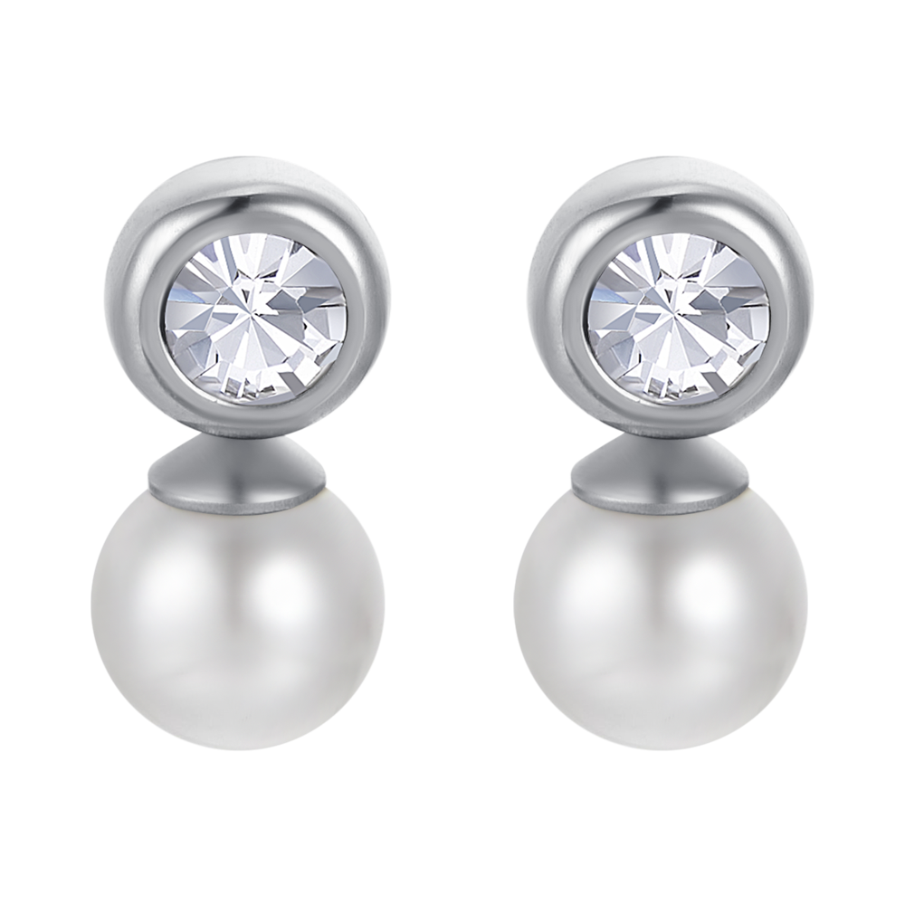 BOUCLES D'OREILLES FEMMES EN ACIER AVEC PERLES ET CRISTAUX BLANCS