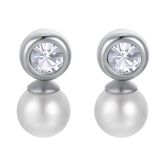 BOUCLES D'OREILLES FEMMES EN ACIER AVEC PERLES ET CRISTAUX BLANCS