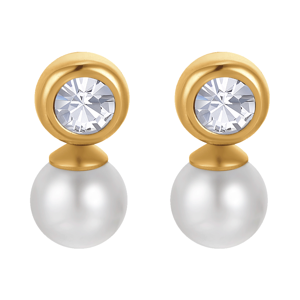 BOUCLES D'OREILLES FEMMES EN ACIER DORÉ IP AVEC PERLES ET CRISTAUX BLANCS