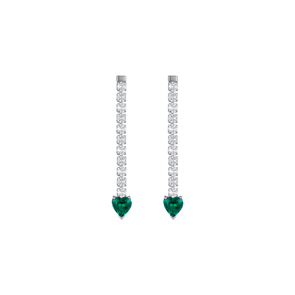 BOUCLES D'OREILLES TENNIS POUR FEMME EN ACIER AVEC CRISTAUX BLANCS ET COEURS DE CRISTAUX VERTS Luca Barra