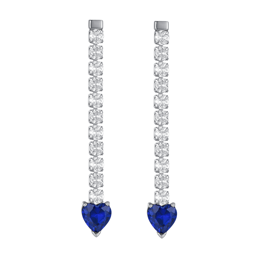 BOUCLES D'OREILLES TENNIS EN ACIER POUR FEMMES AVEC CRISTAUX BLANCS ET CŒURS EN CRISTAL BLEU