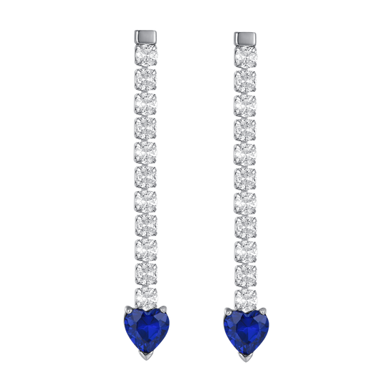 BOUCLES D'OREILLES TENNIS EN ACIER POUR FEMMES AVEC CRISTAUX BLANCS ET CŒURS EN CRISTAL BLEU