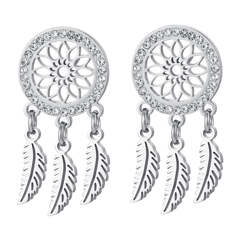 BOUCLES D'OREILLES FEMME EN ACIER CAPTEUR DE RÊVES AVEC CRISTAUX BLANCS