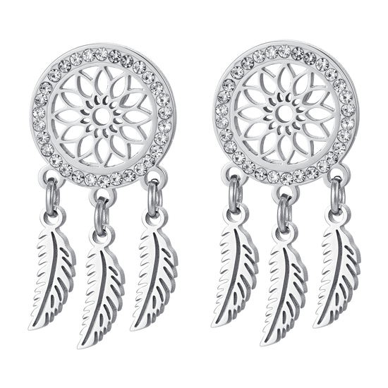 BOUCLES D'OREILLES FEMME EN ACIER CAPTEUR DE RÊVES AVEC CRISTAUX BLANCS