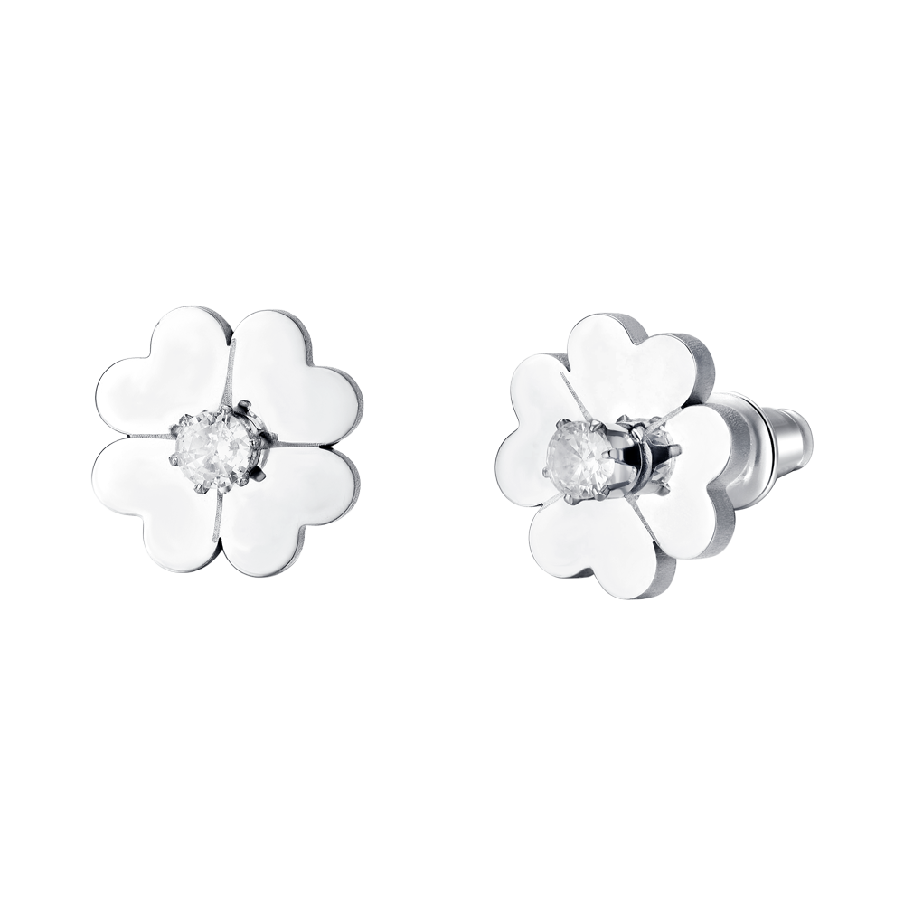 BOUCLES D'OREILLES POUR FEMMES EN ACIER, TRÈFLE À QUATRE FEUILLES ET ZIRCON CUBIQUE