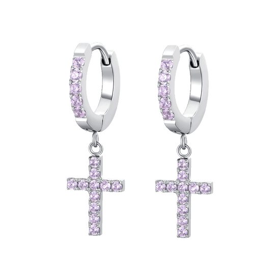 ORECCHINI DONNA CERCHIO IN ACCIAIO CON CROCE E ZIRCONI ROSA