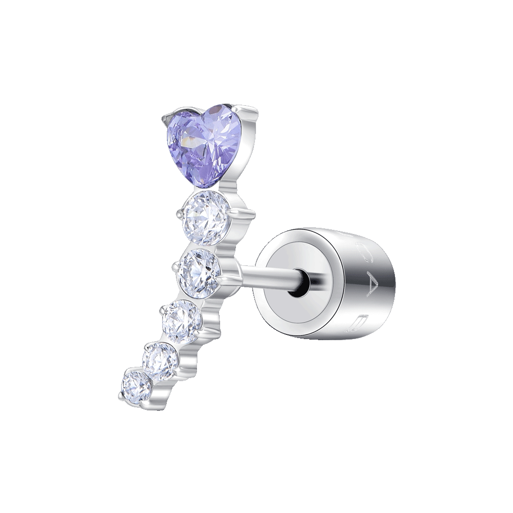 MONO ORECCHINO DONNA IN ACCIAIO CUORE VIOLA E CRISTALLI BIANCHI