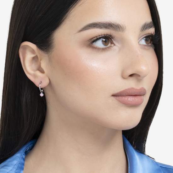 MONO ORECCHINI DONNA CERCHIO IN ACCIAIO CON ZIRCONE ROSA