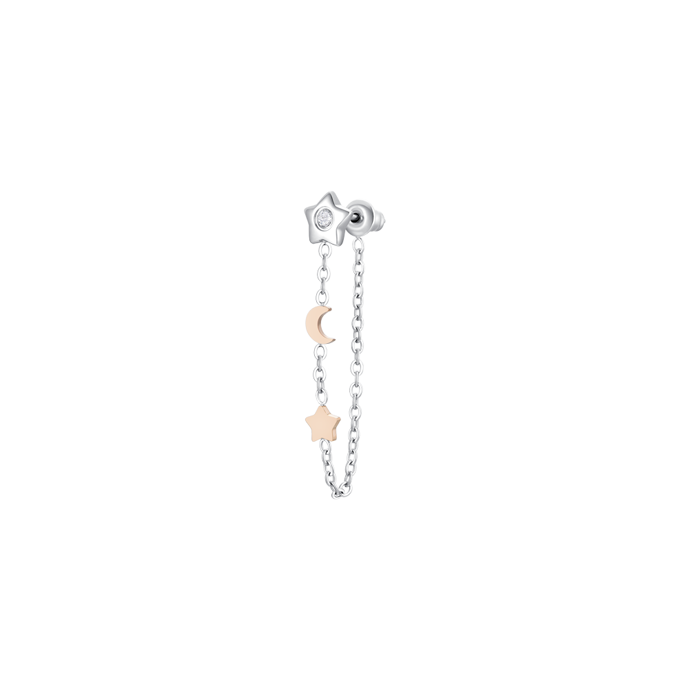 MONO ORECCHINO DONNA IN ACCIAIO, STELLA CON ZIRCONE BIANCO,LUNA E STELLA IP ROSE