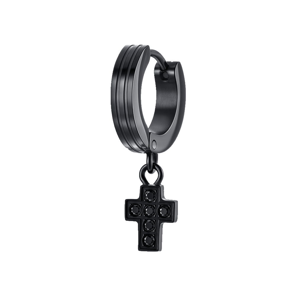 MONO ORECCHINO UOMO IN ACCIAIO CON CROCE IP NERO CON ZIRCONI NERI