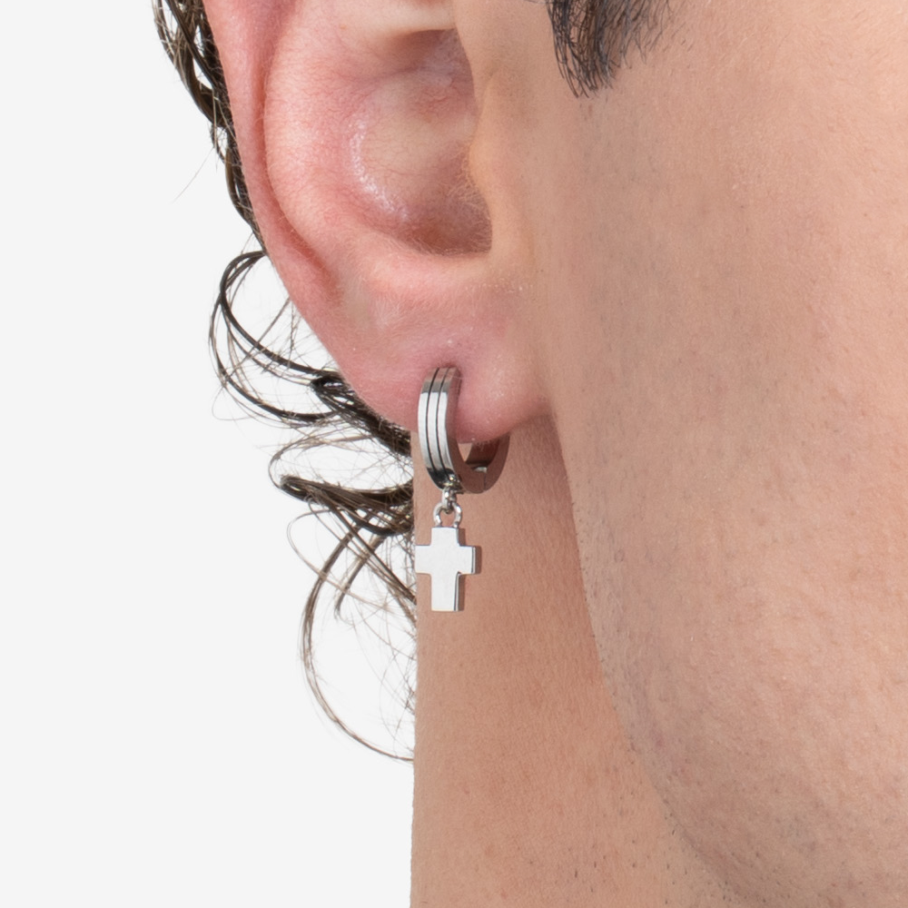 BOUCLE D'OREILLE MONO ACIER AVEC CROIX