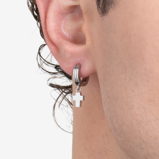 BOUCLE D'OREILLE MONO ACIER AVEC CROIX