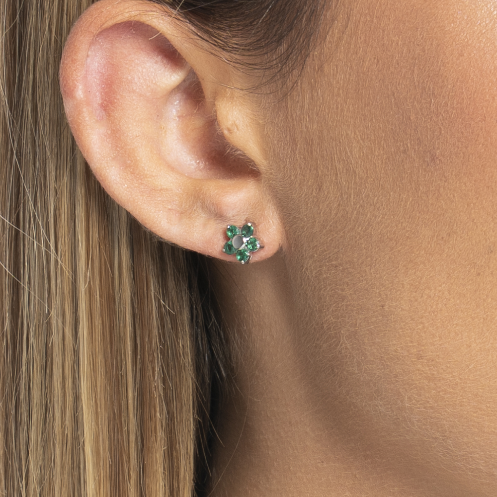 MONO ORECCHINO DONNA IN ACCIAIO CON FIORE E PETALI ZIRCONE VERDE
