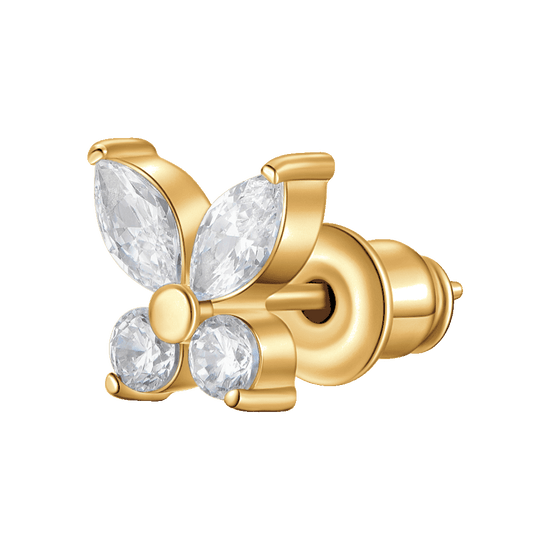 MONO ORECCHINO DONNA IN ACCIAIO CON FARFALLA CON ALI ZICONE BIANCO COLORE ORO