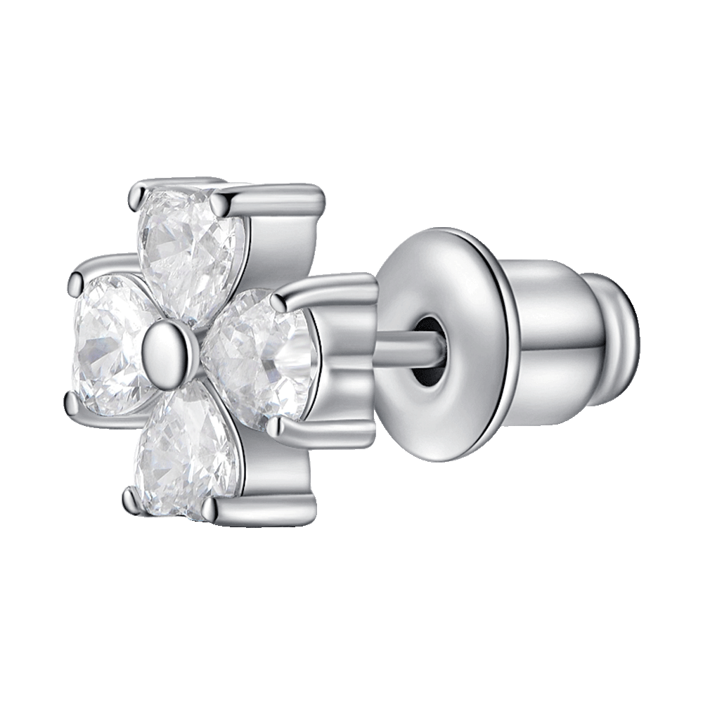 MONO ORECCHINO DONNA IN ACCIAIO CON QUADRIFOGLIO E PETALI CON ZIRCONE BIANCO