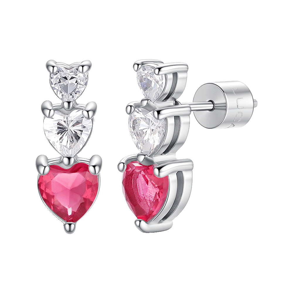 MONO ORECCHINO DONNA IN ACCIAIO CON CUORI CON ZIRCONI BIANCHI E ROSSI