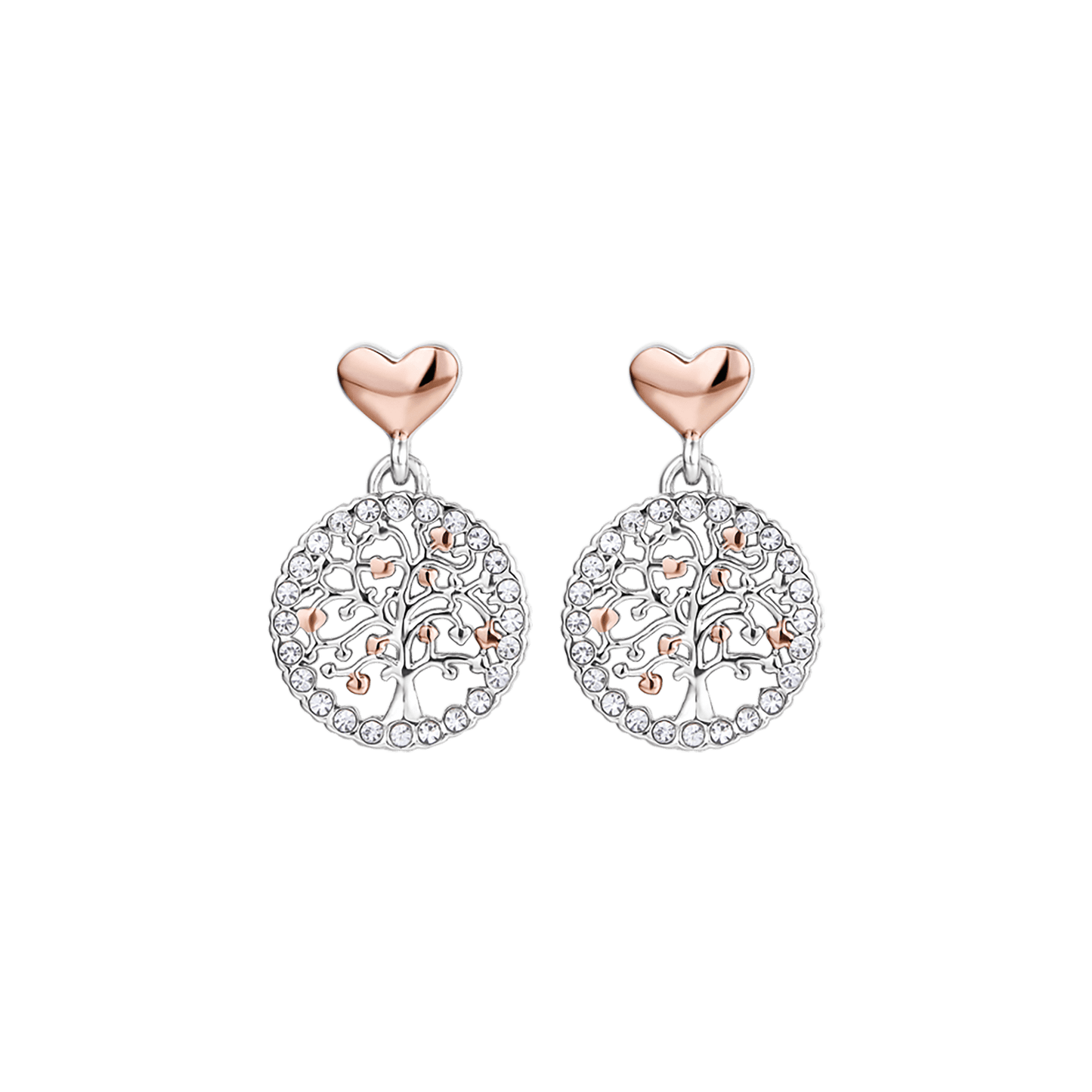 BOUCLES D'OREILLES POUR FEMME EN ACIER ARBRE DE VIE AVEC CRYSTAUX BLANCS ET COEUR IP RO Luca Barra