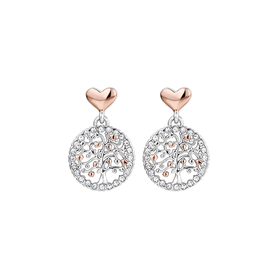 BOUCLES D'OREILLES POUR FEMME EN ACIER ARBRE DE VIE AVEC CRYSTAUX BLANCS ET COEUR IP RO Luca Barra