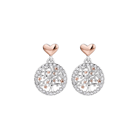 BOUCLES D'OREILLES ARBRE DE VIE POUR FEMME EN ACIER AVEC CRISTAUX BLANCS ET CŒURS IP RO
